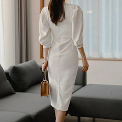 Stand Collar Puff Sleeve Pencil Dress - Dahlias & Honey