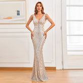Sequin Beaded V-Neck Mermaid Gown - Dahlias & Honey