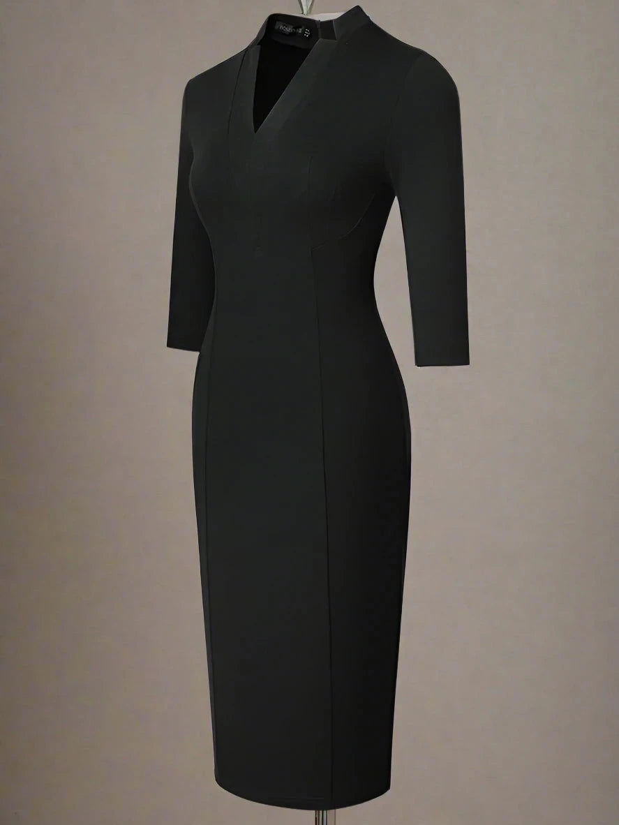 Black V-Neck Pencil Dress with Three-Quarter Sleeves - Dahlias & Honey