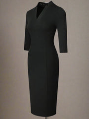 Black V-Neck Pencil Dress with Three-Quarter Sleeves - Dahlias & Honey