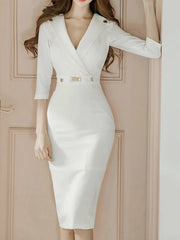 Slim Fit V-Neck Sheath Dress with Three-Quarter Sleeves - Dahlias & Honey