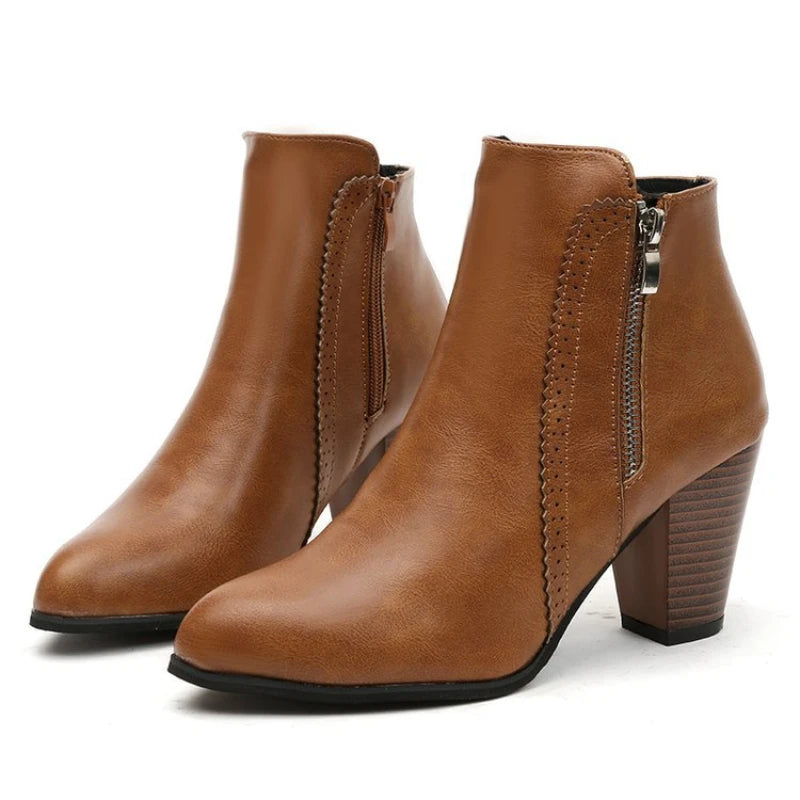 Retro Zipper Ankle Boots with Square Heel - Dahlias & Honey