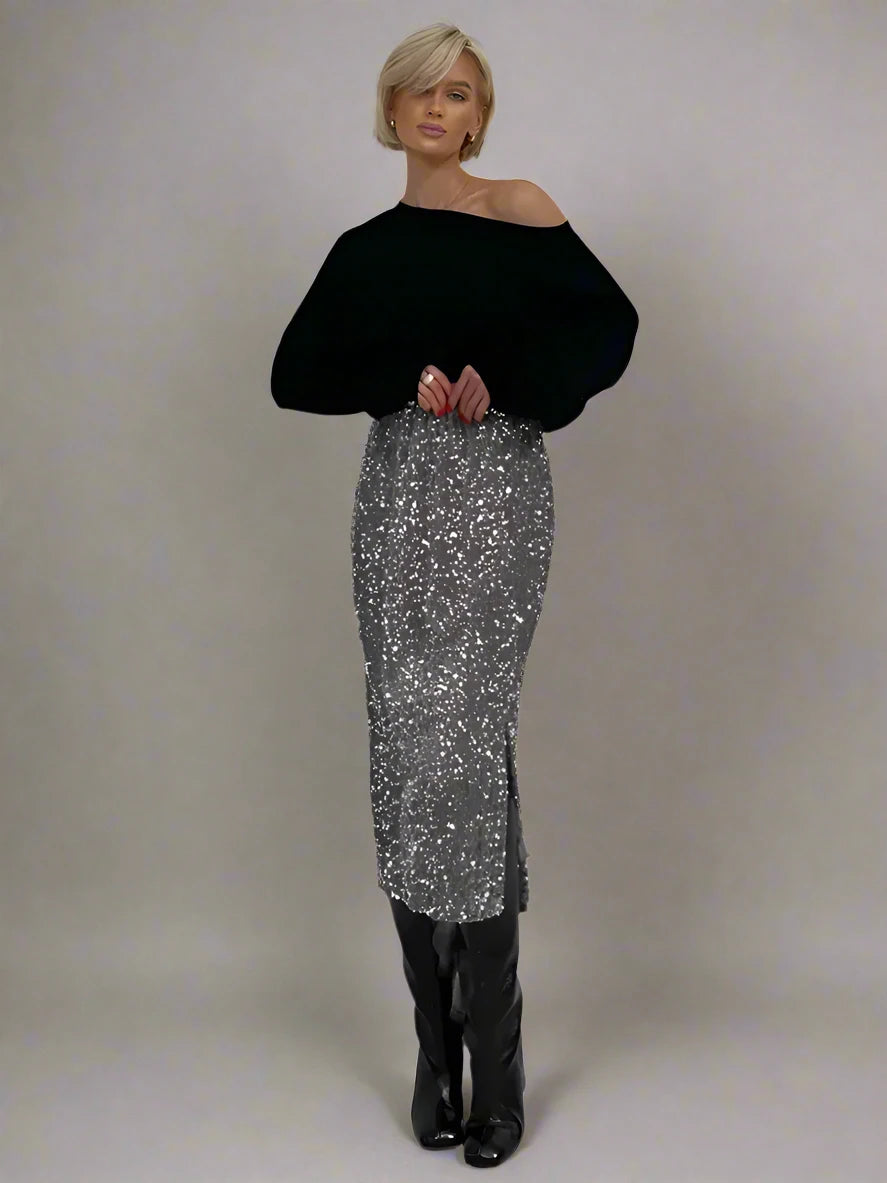 High-Waisted Sequin Midi Skirt with Side Slit - Dahlias & Honey