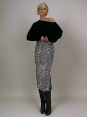 High-Waisted Sequin Midi Skirt with Side Slit - Dahlias & Honey