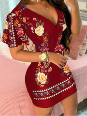 Floral Print V-Neck Mini Dress - Dahlias & Honey