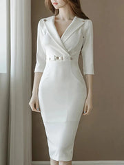 Slim Fit V-Neck Sheath Dress with Three-Quarter Sleeves - Dahlias & Honey