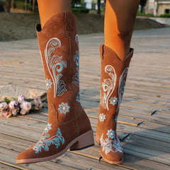 Embroidered Mid-Calf Wedge Boots - Dahlias & Honey