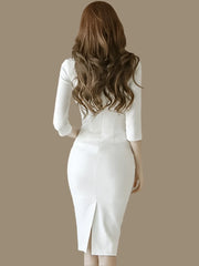 Slim Fit V-Neck Sheath Dress with Three-Quarter Sleeves - Dahlias & Honey