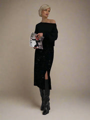 High-Waisted Sequin Midi Skirt with Side Slit - Dahlias & Honey