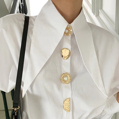 Sharp-Collar Blouse with Pearl Button Accents - Dahlias & Honey