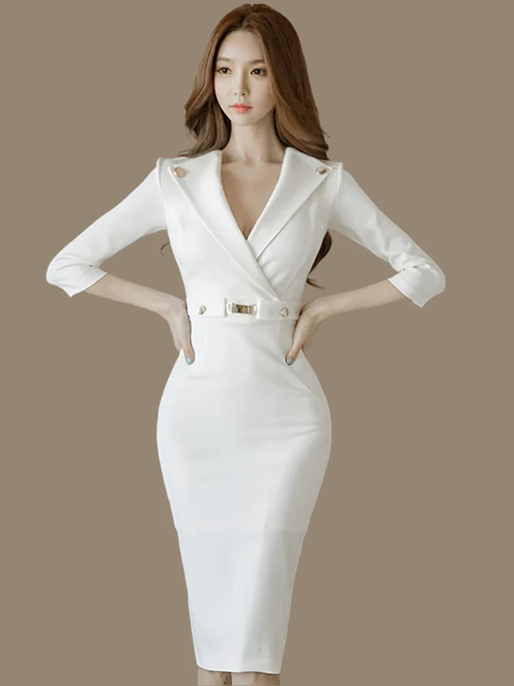 Slim Fit V-Neck Sheath Dress with Three-Quarter Sleeves - Dahlias & Honey