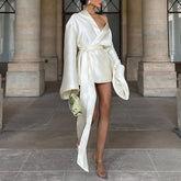 Long Sleeve V-Neck Satin Mini Dress with Lace-Up Waist - Dahlias & Honey