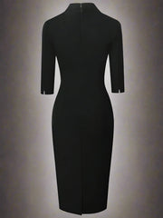 Black V-Neck Pencil Dress with Three-Quarter Sleeves - Dahlias & Honey