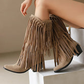 Retro Western Tassel Mid-Calf Boots with Block Heel - Dahlias & Honey