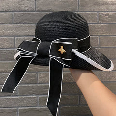 Wide Brim Summer Straw Hat with Bow Detail - Dahlias & Honey