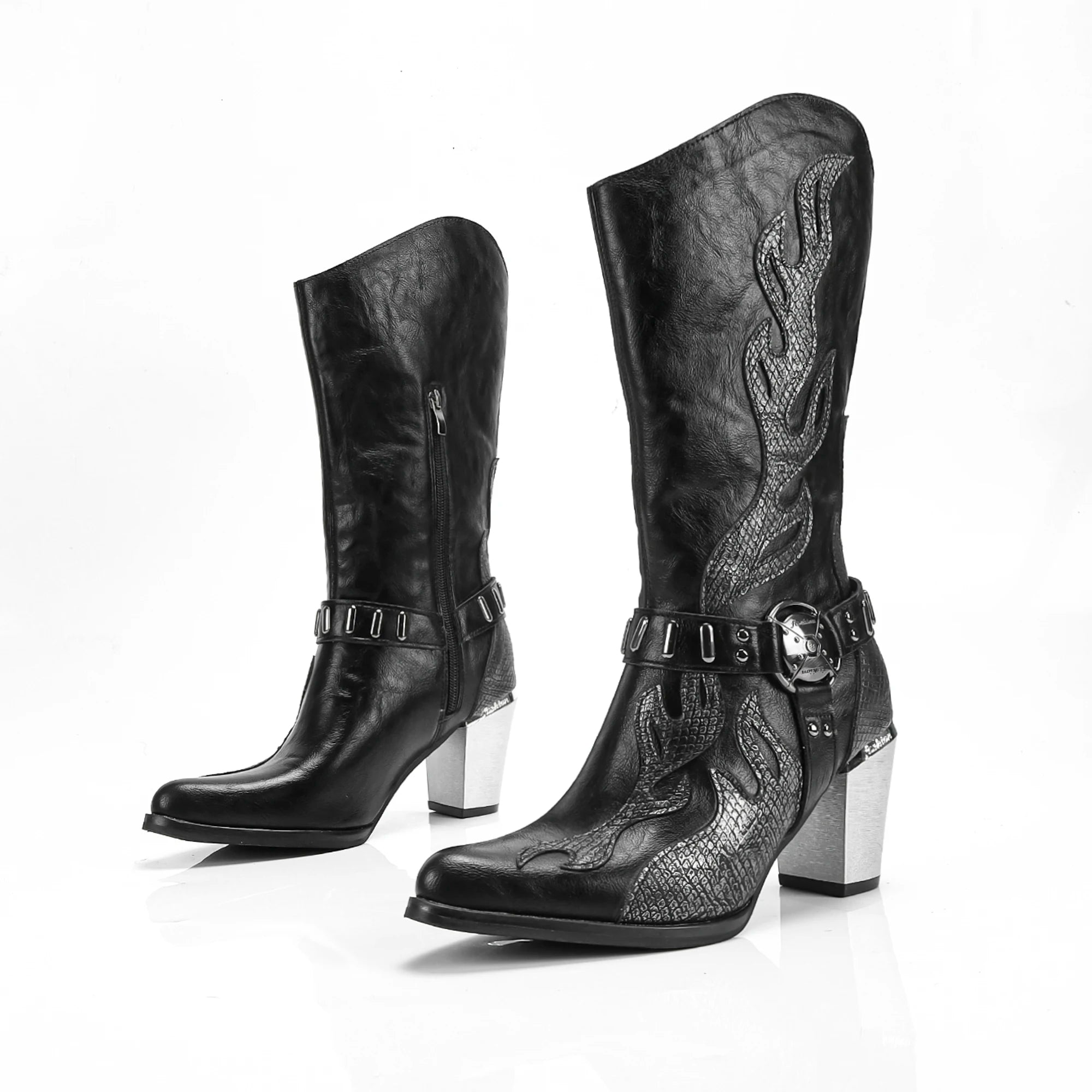 Textured Flame Western Mid-Calf Boots with Pointed Toe - Dahlias & Honey