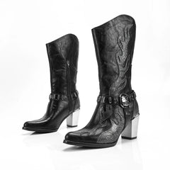 Textured Flame Western Mid-Calf Boots with Pointed Toe - Dahlias & Honey