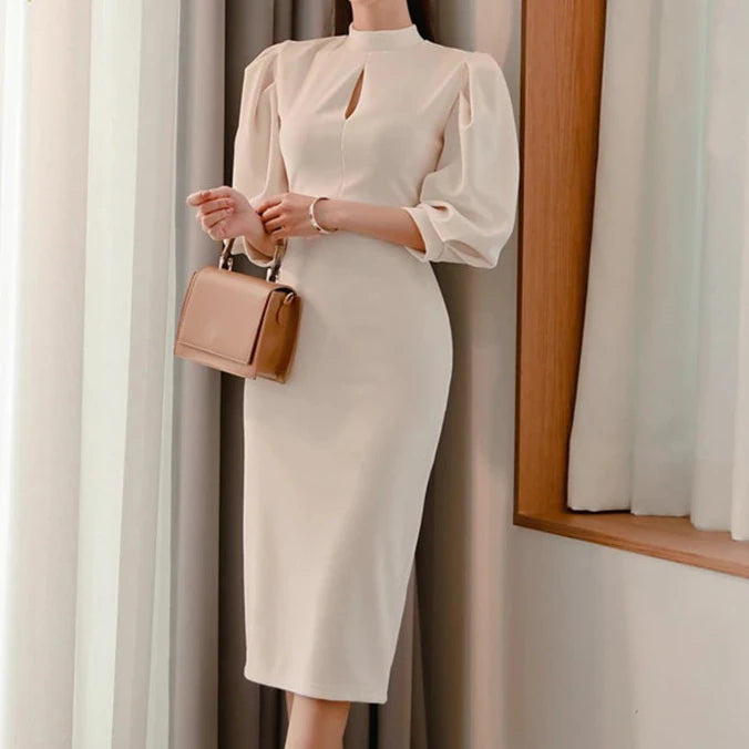 Stand Collar Puff Sleeve Pencil Dress - Dahlias & Honey 