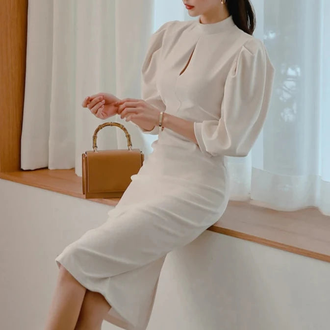 Stand Collar Puff Sleeve Pencil Dress - Dahlias & Honey 