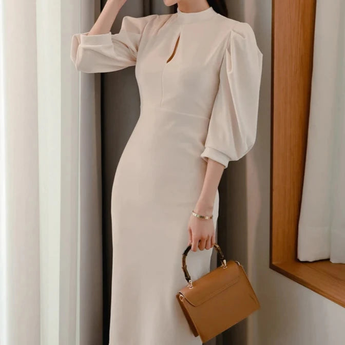 Stand Collar Puff Sleeve Pencil Dress - Dahlias & Honey 