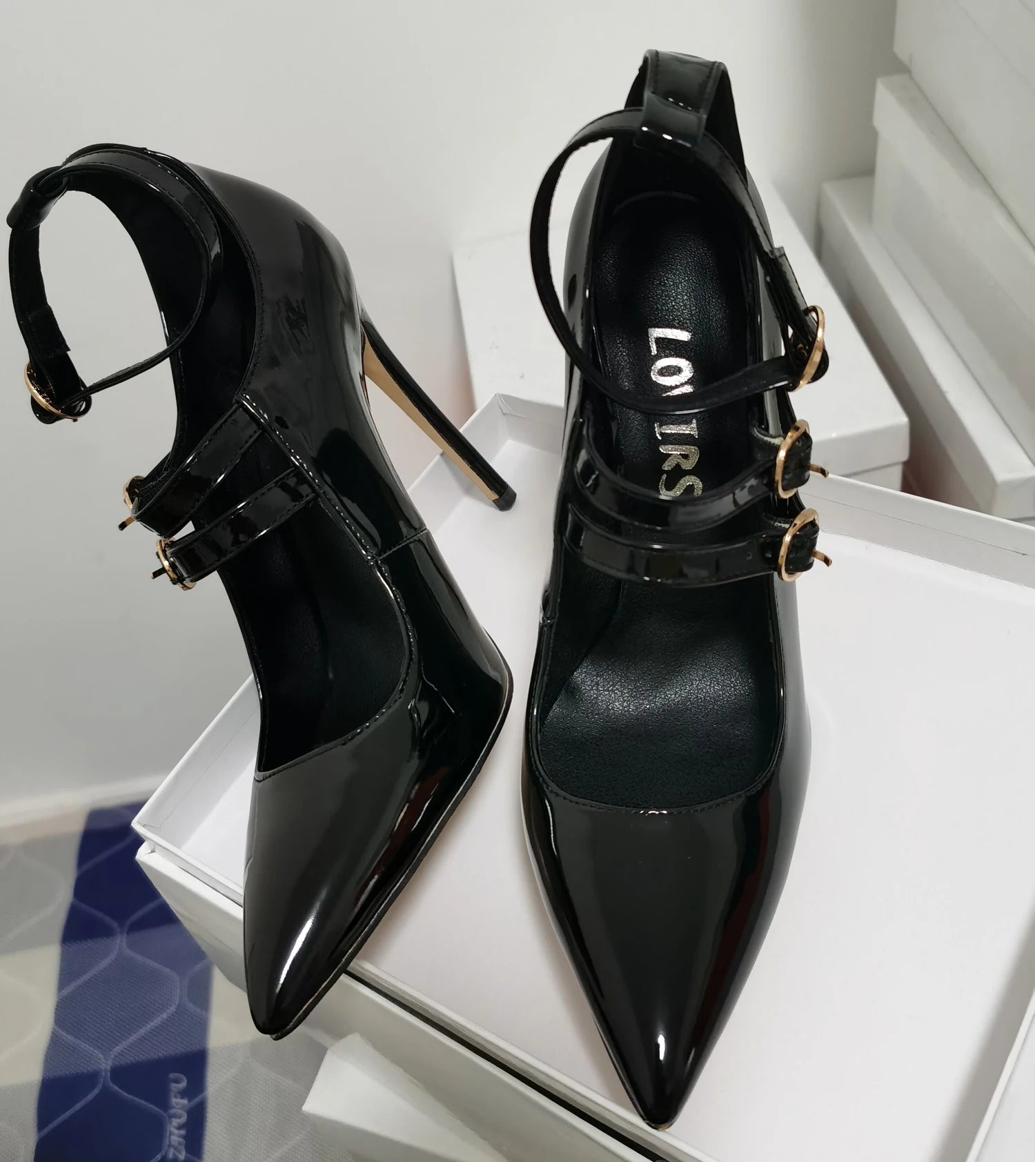 Patent Stiletto Pumps with Ankle Strap - Dahlias & Honey 