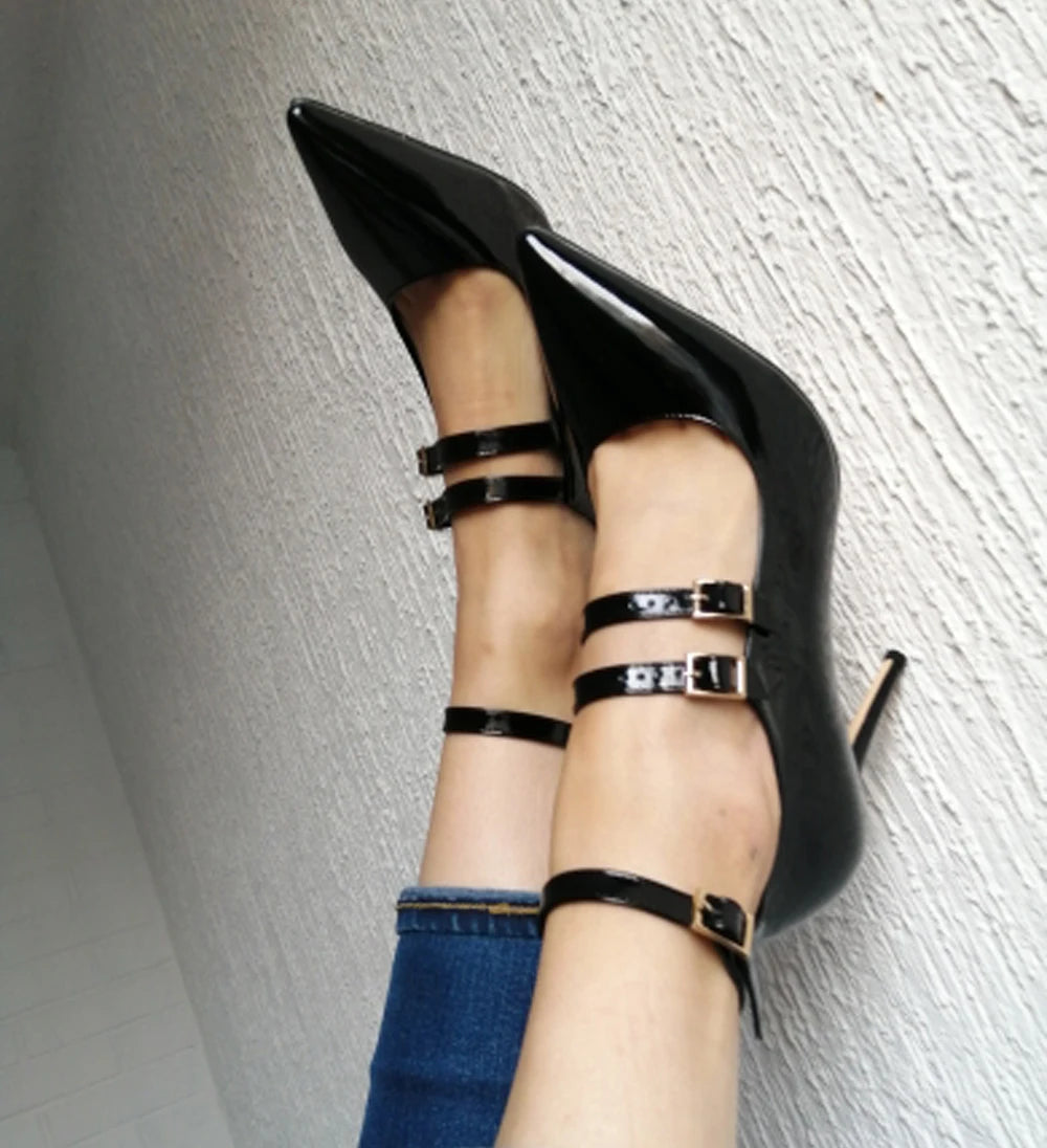 Patent Stiletto Pumps with Ankle Strap - Dahlias & Honey 