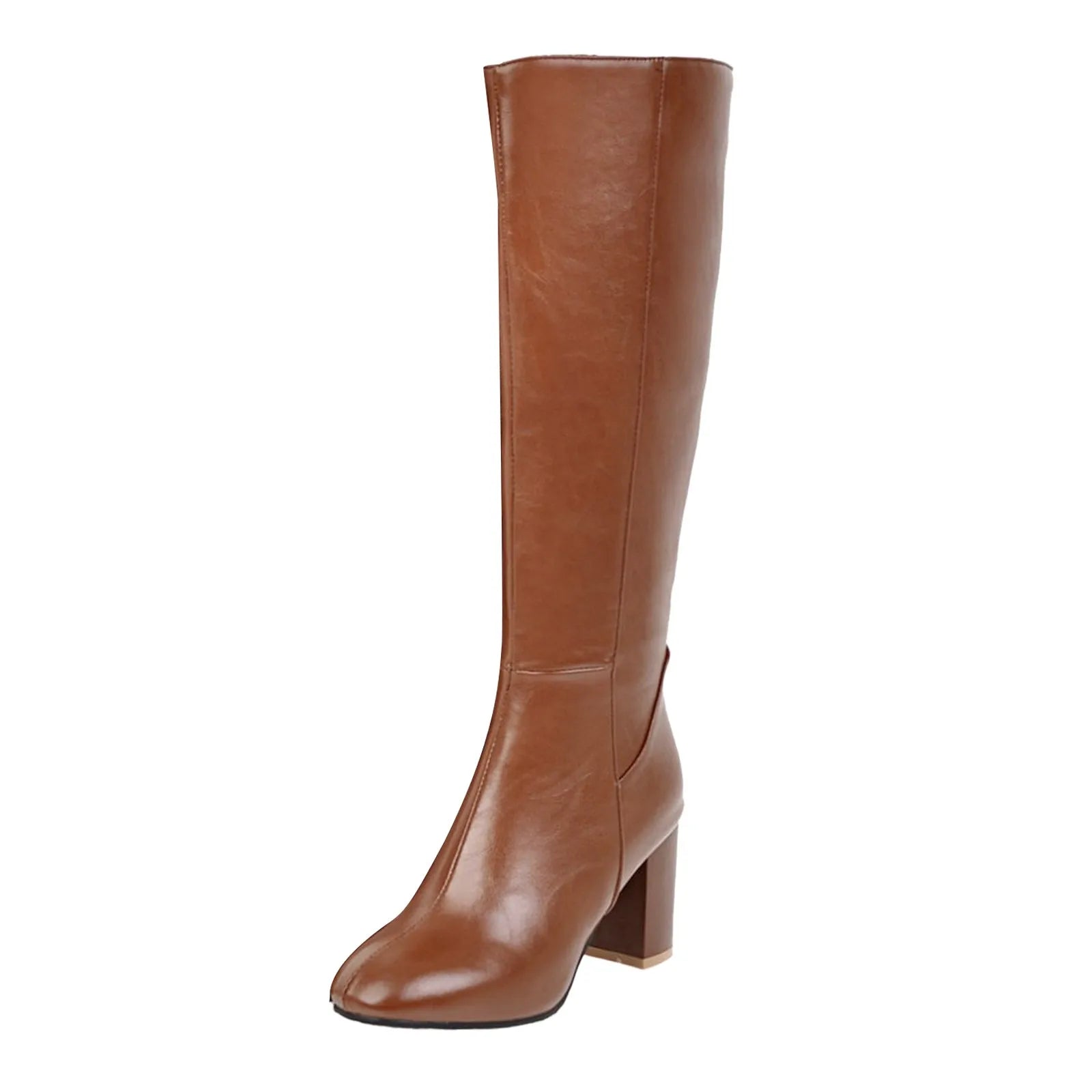 Leather Knee-High Boots with Block Heel and Pointed Toe - Dahlias & Honey 