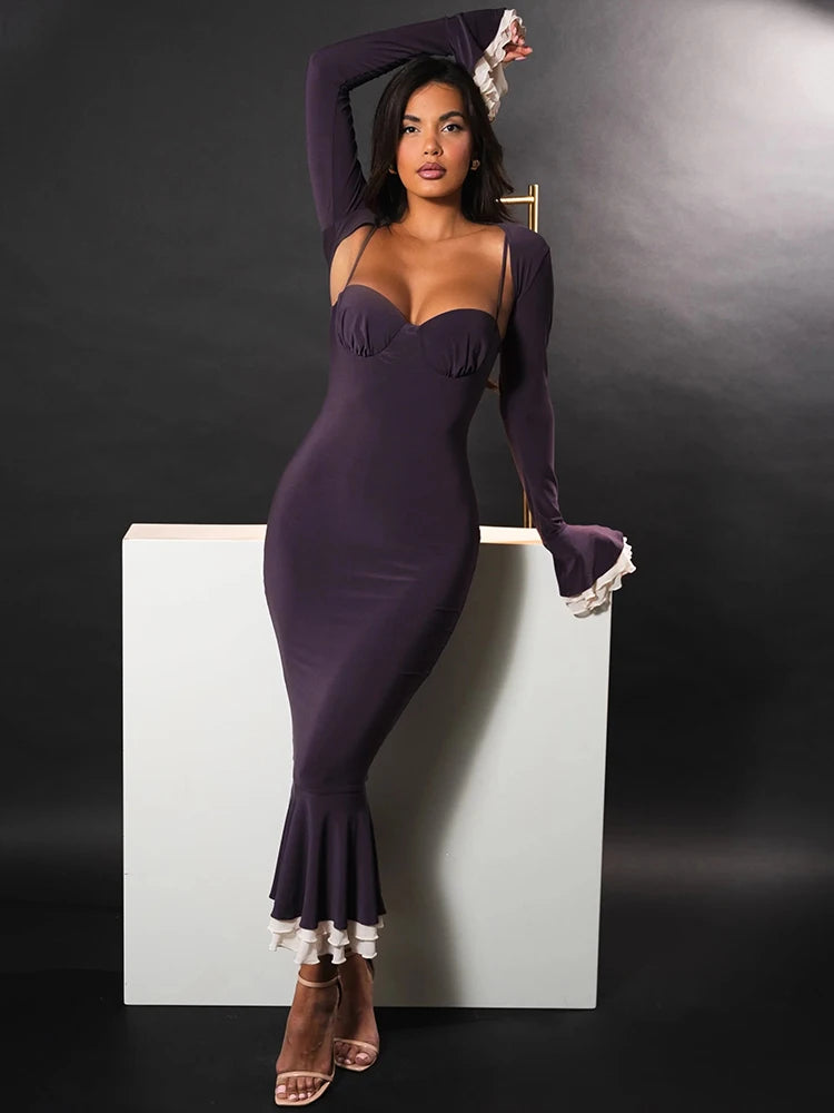 Long Sleeve Form-Fitting Dress with Contrast Trim - Dahlias & Honey 