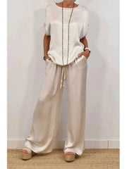 Satin Two-Piece Set – Short Sleeve Top & Wide-Leg Pants - Dahlias & Honey 