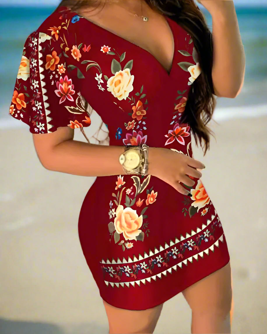 Floral Print V-Neck Mini Dress - Dahlias & Honey 