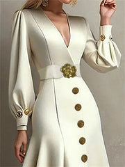 Pleated V-Neck A-Line Dress with Belted Waist - Dahlias & Honey 