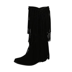 Retro Western Tassel Mid-Calf Boots with Block Heel - Dahlias & Honey 