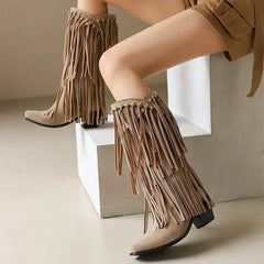 Retro Western Tassel Mid-Calf Boots with Block Heel - Dahlias & Honey 