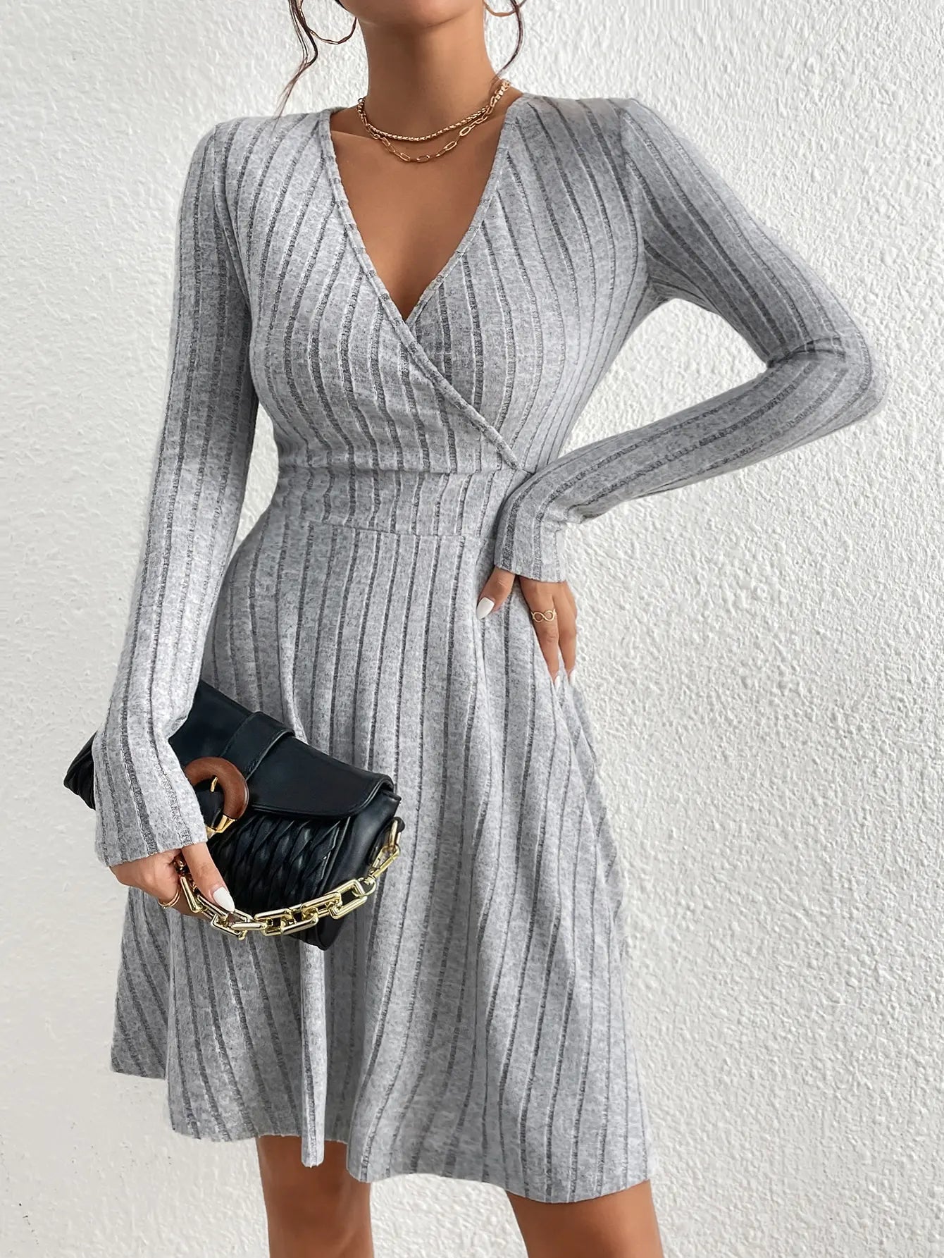 V-Neck Slim Knit Sweater Dress - Dahlias & Honey 