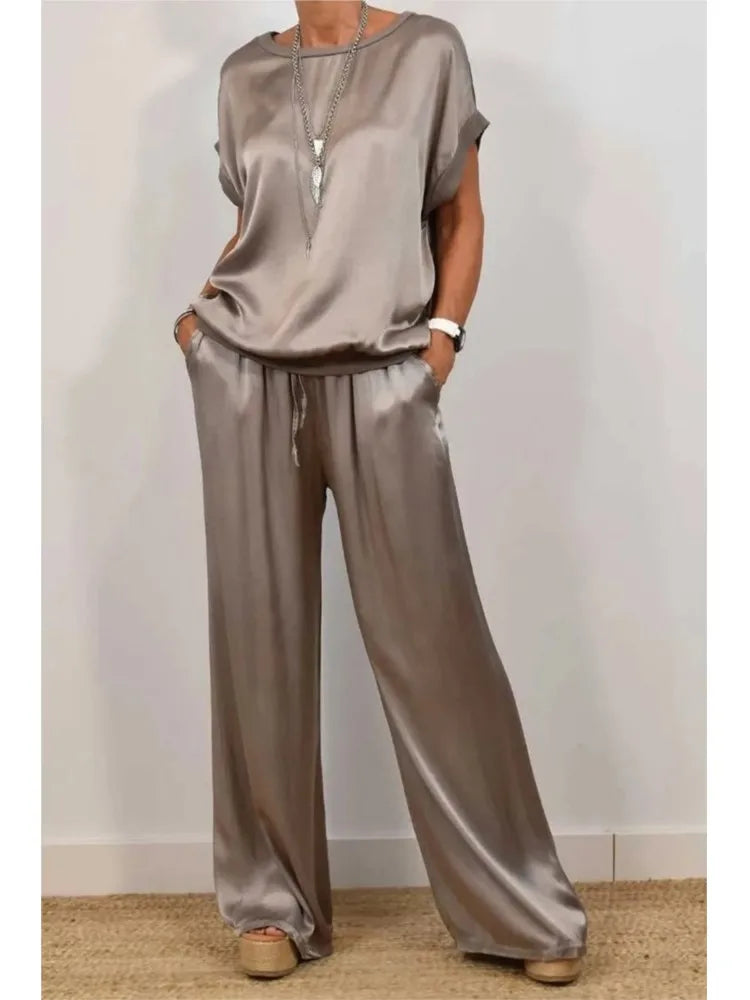 Satin Two-Piece Set – Short Sleeve Top & Wide-Leg Pants - Dahlias & Honey 