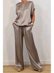 Satin Two-Piece Set – Short Sleeve Top & Wide-Leg Pants - Dahlias & Honey 
