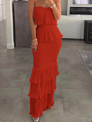 Bandeau Shirred Layered Ruffle Hem Dress - Dahlias & Honey 