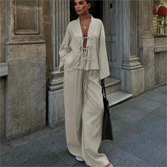 Lace-Up Cardigan & Wide-Leg Pants Set - Dahlias & Honey 