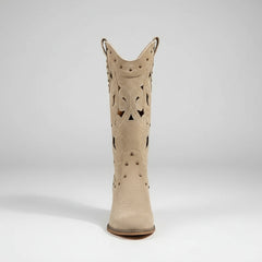 Hollow Embroidered Western Boots – Vintage Mid-Calf with Chunky Heel - Dahlias & Honey 