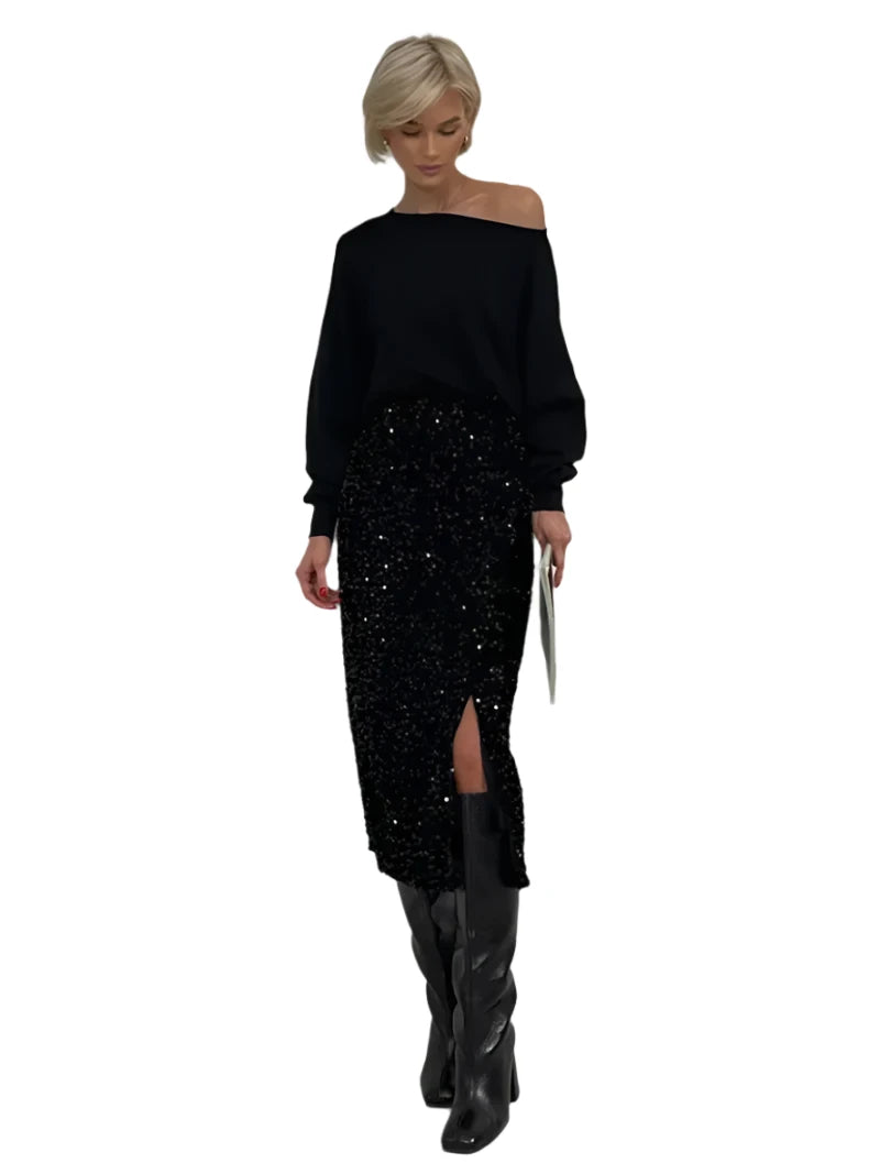 High-Waisted Sequin Midi Skirt with Side Slit - Dahlias & Honey 