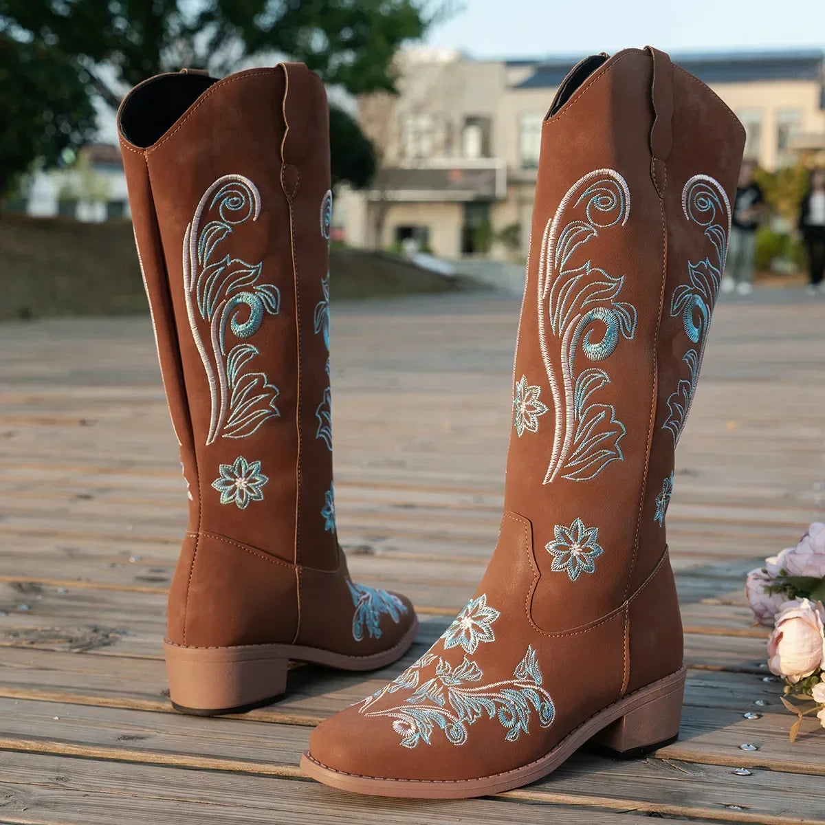 Embroidered Mid-Calf Wedge Boots - Dahlias & Honey 