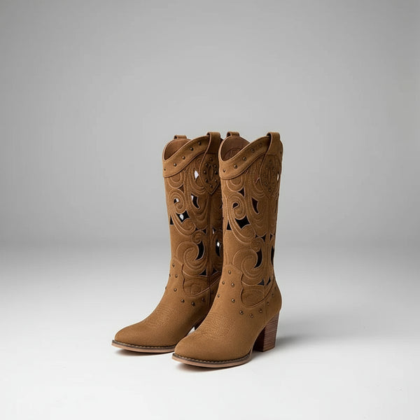 Hollow Embroidered Western Boots – Vintage Mid-Calf with Chunky Heel - Dahlias & Honey 
