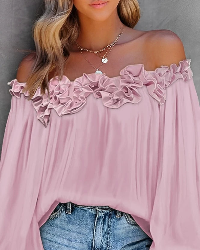 Off-Shoulder Ruffle Hem Lantern Sleeve Top - Dahlias & Honey 