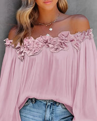 Off-Shoulder Ruffle Hem Lantern Sleeve Top - Dahlias & Honey 
