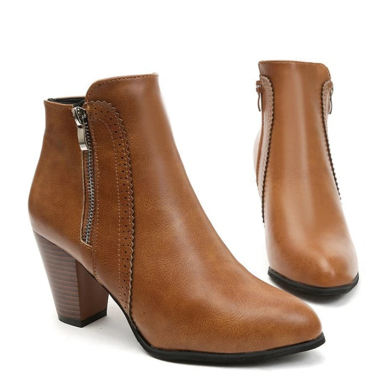 Retro Zipper Ankle Boots with Square Heel - Dahlias & Honey 