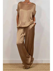 Satin Two-Piece Set – Short Sleeve Top & Wide-Leg Pants - Dahlias & Honey 
