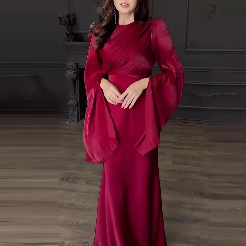 Long-Sleeve Satin Sheath Gown - Dahlias & Honey 