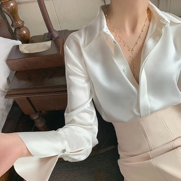 Satin Blouse with Flared Sleeves and Covered Buttons - Dahlias & Honey 