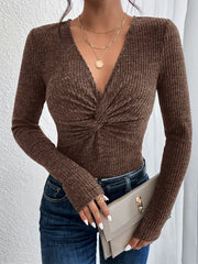 Deep V-Neck Knit Sweater with Long Sleeves - Dahlias & Honey 