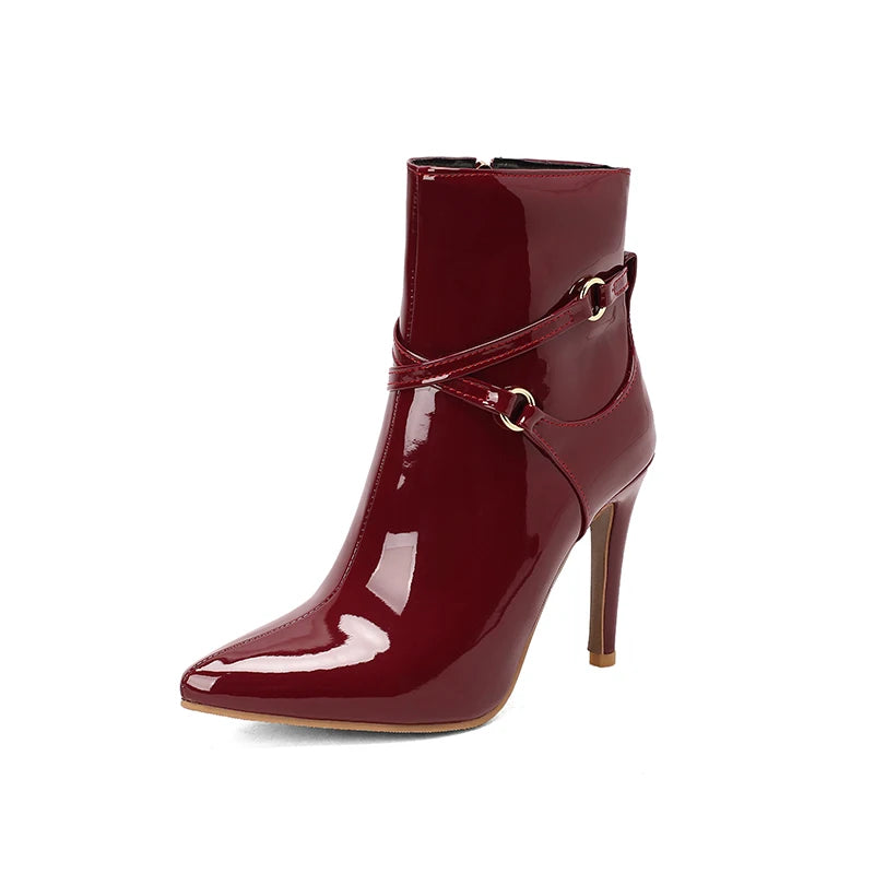 Patent Leather Ankle Boots with Cross Bandage Detail - Dahlias & Honey 